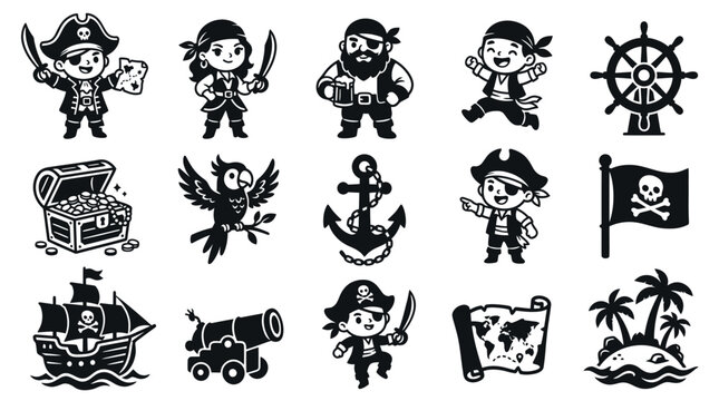 Pirate Adventure Black  White Glyph Cartoon Icons Set. Kid Pirates  Treasure Elements