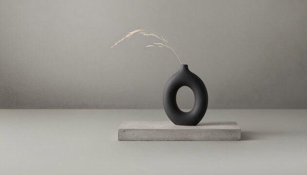 A minimalist black donut-shaped ceramic vase with a single dried plant stem, resting on a light grey rectangular block against a soft grey background.