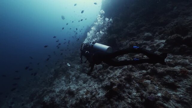 Group of scuba divers in bright sun light beams swims underwater Slow motion, Wreck diving, fish corals. Mediterranean sea, Cyprus. Active sport, diving concept. Deep ocean blue water, tourism