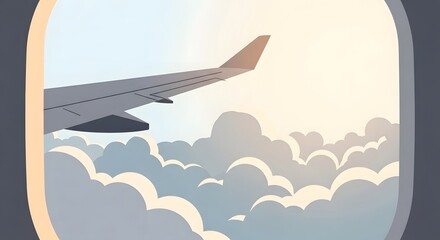 Obraz premium Airplane Wing Flying Above Clouds Seen From Window in Bright Sky