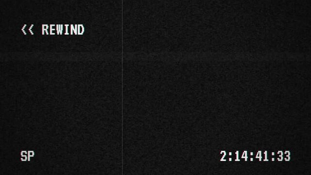 Retro VHS rewind screen with glitch and timecode. 4K Video