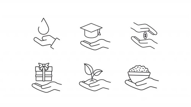 Animated donation types line icons. Sharing resources and supplies animation set. smart consumption of supplies. Volunteering. Outline elements on white background. HD video with alpha channel