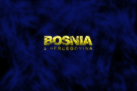 Yellow Bosnia & Hercegovina text over black and dark blue pattern with a grunge style to it.