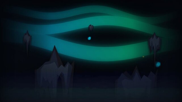 Abstract deep-sea illustration featuring mysterious glowing blue-green waves and shadowy underwater rock formations, evoking a tranquil and fantastical nocturnal marine environment