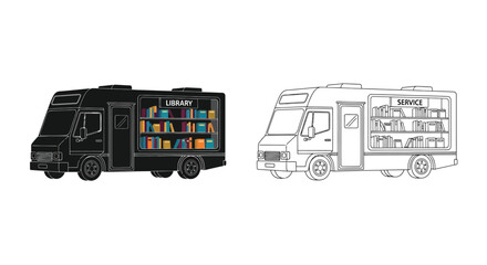 mobile library truck with bookshelves and service vehicle illustration © Design lens
