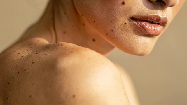 Close up serene video of natural skin texture with gentle freckles and smooth healthy complexion