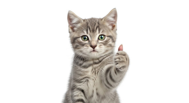 Cute tabby kitten giving a thumbs up gesture on a white background