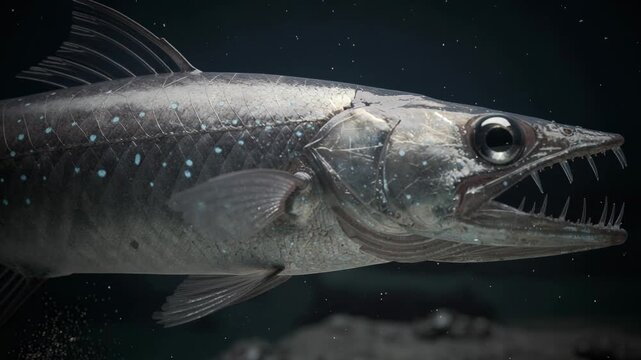 Fierce deep sea fish with sharp needle like teeth and glowing spots swimming silently underwater