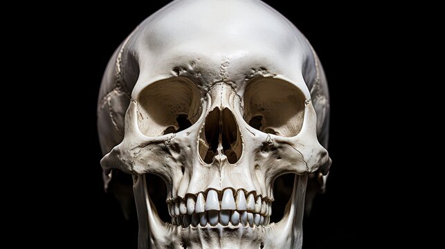 Close up human cranium study isolated on black for science and medicine.