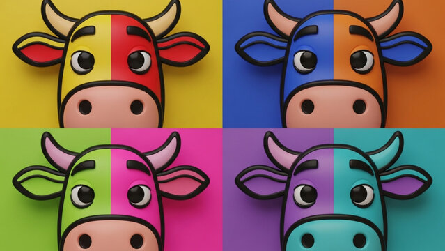 Pop Art Style 3D Render of Colorful Cow Heads in a 2x2 Grid, Vibrant Minimalist Animal Portraits with Split Color Backgrounds, Playful Modern Illustration, Generative AI