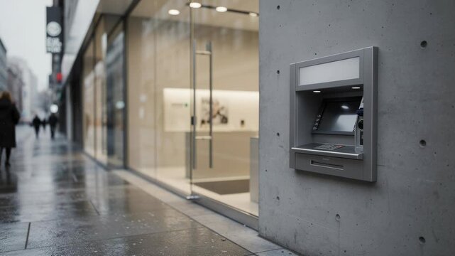 Quiet rainy city street featuring a modern ATM machine embedded in a concrete wall urban scene