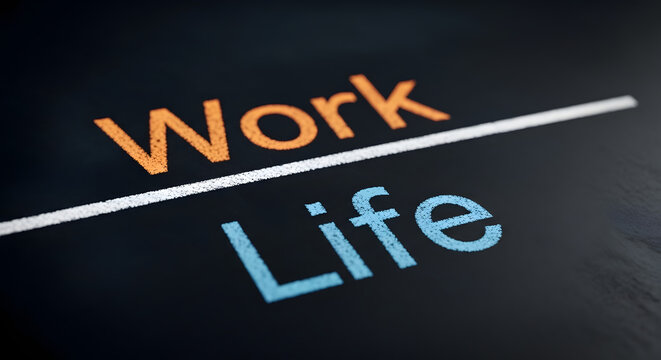 Teks Work dan Life dipisahkan oleh garis batas putih pada latar belakang gelap