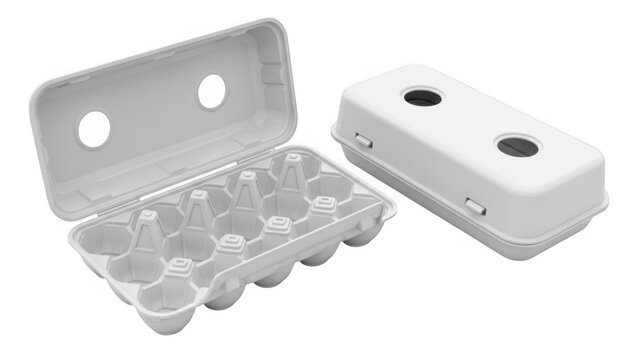White styrofoam egg cartons, one open and one closed