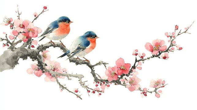 Ink painting Chinese style plum blossoms and birds white background two green blue magpies on peach branches simple composition bright colors delicate feather details