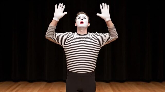 Mime artist performing on stage with various expressive gestures and movements.