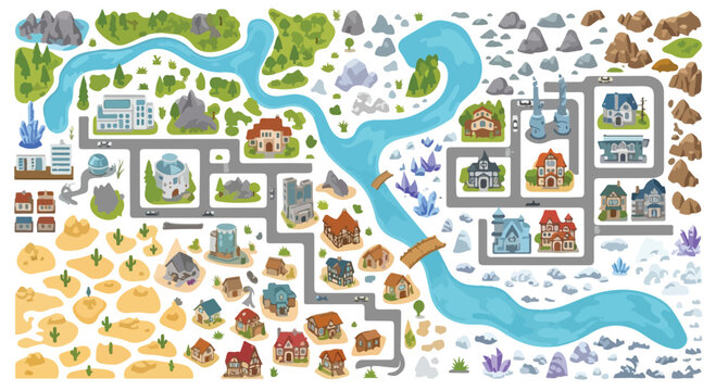 Isometric fantasy map constructor kit, cartoon world building elements with houses and roads, landscape creator set with river and mountains