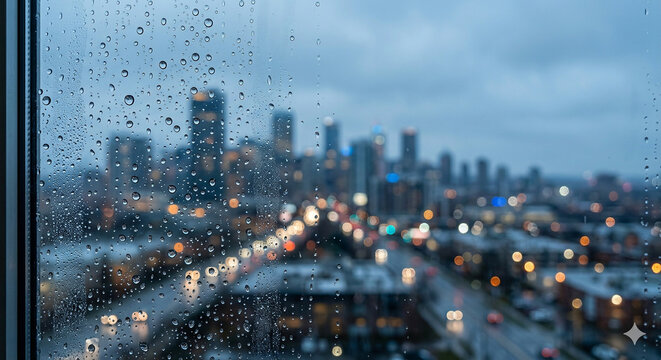 Rainy window with water drops and city background copy space