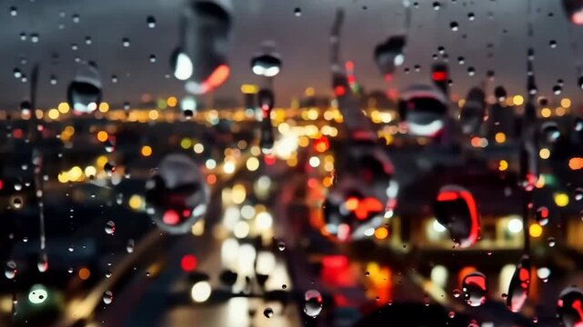 Raindrops sliding down a glass window, blurred city lights in background, moody atmosphere.