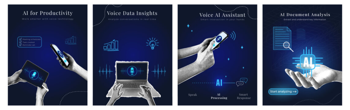 A set of four posters illustrating artificial intelligence technology. A trendy halftone collage. Hands holding a smartphone and laptop for data analysis and voice assistant.