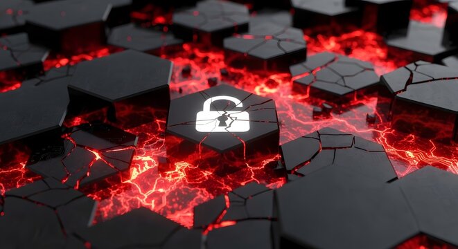 Unlocked padlock icon on a glowing red cracked hexagon background network