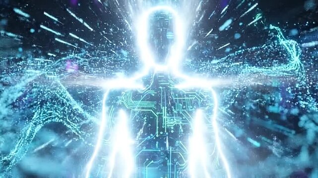 Futuristic humanoid robots emerging from neon blue circuitry in dark digital landscape with glowing lines and data streams