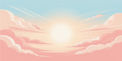 Here's the image description: A breathtaking sunrise paints the sky with soft pastel hues, as fluffy clouds gently drift across the canvas. A perfect depiction of dawn's tranquility and beauty. © alien