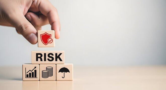 Hand placing wooden cube with shield icon on top of risk management stack for business security concept