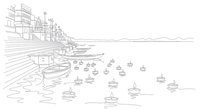 Ganges River Varanasi ghats with floating diyas, India line art illustration