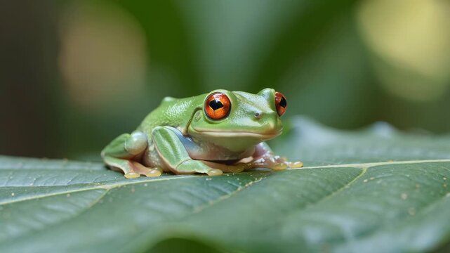 Red-Eyed Tree Frog Resting on a Green Leaf in a Tropical Rainforest