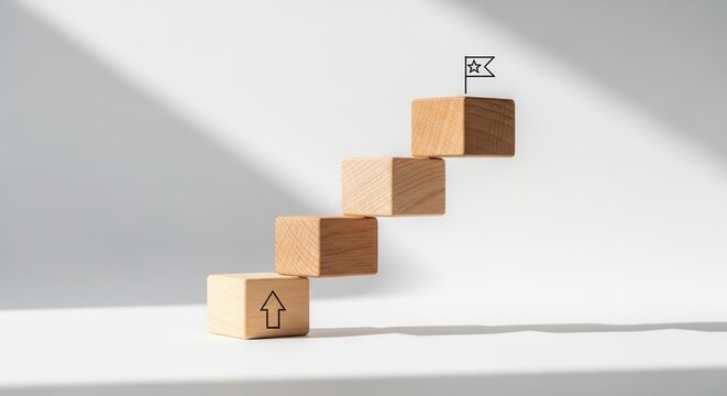 Wooden blocks arranged as a staircase with an arrow and a flag on top