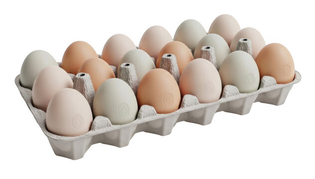 eggs in carton, assorted colors, white background