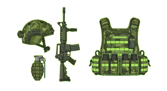 Military Combat Gear: Helmet, Rifle, Grenade, and Vest - Camouflage