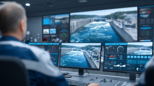 Operators in Control Room Managing Water Flow at Dam Site