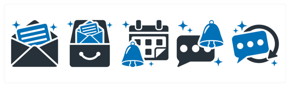 A set of 5 icons as mail, inbox, reminder,