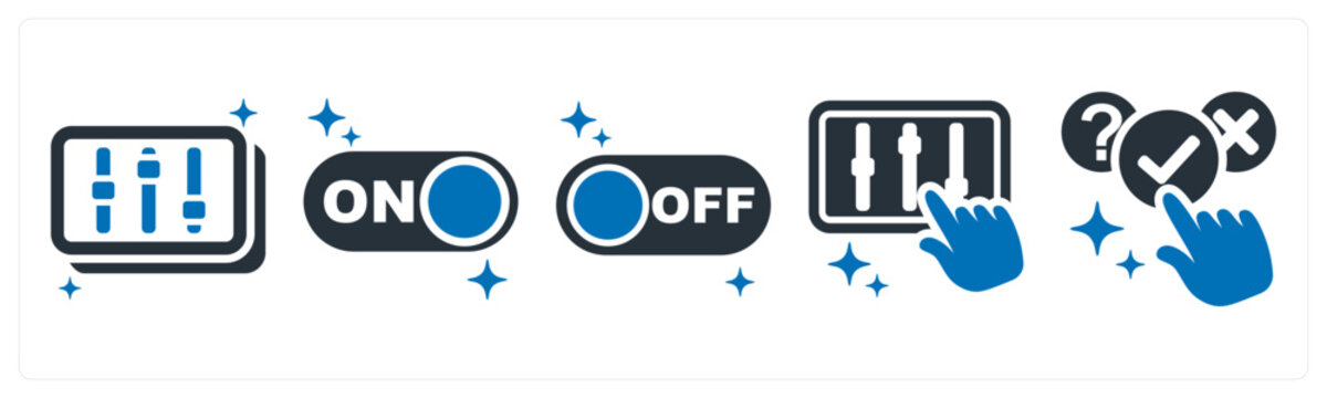 A set of 5 icons as sliders, toggle on, toggle off