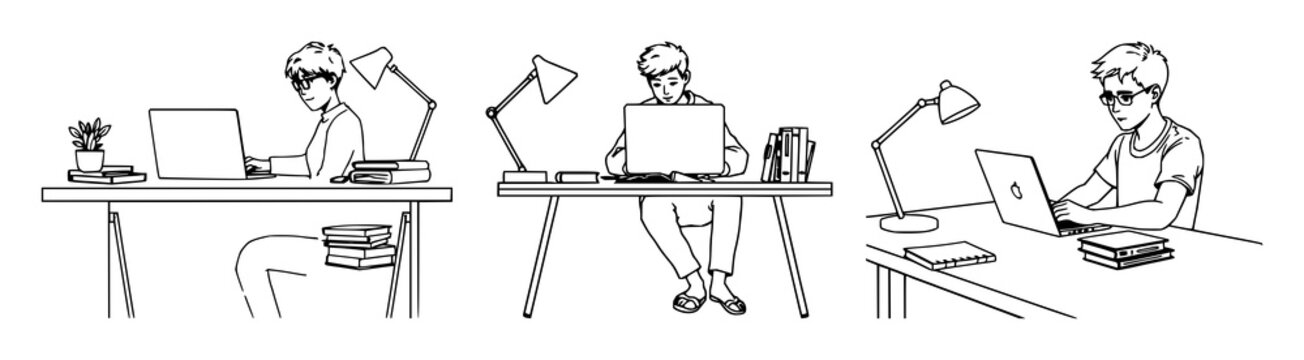 Student set with modern desk and laptop study setup featuring online learning, digital study, e-courses with books and soft lighting