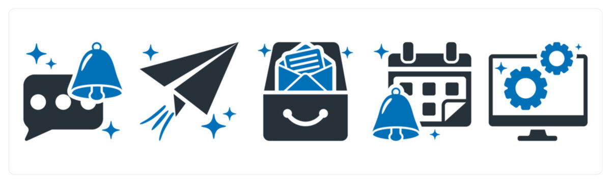 A set of 5 icons as push notification, send, inbox