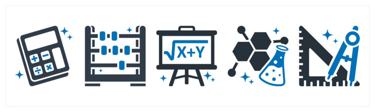 A set of 5 icons as calculator, abacus, maths