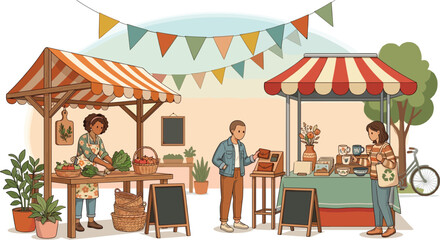 Obraz premium Illustration of People shopping and selling fresh produce at an outdoor market with colorful stalls.