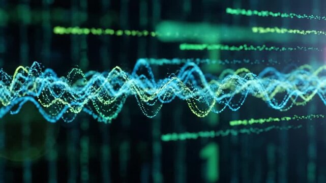 Abstract Technological Background with Glowing Wavy Lines and Binary Code Animation