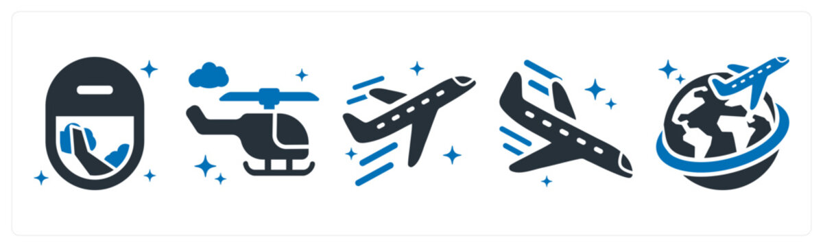 A set of 5 icons as plane window, helicopter, airplane takeoff