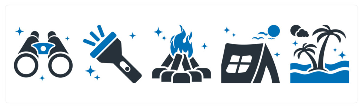A set of 5 icons as binocular, torch, campfire