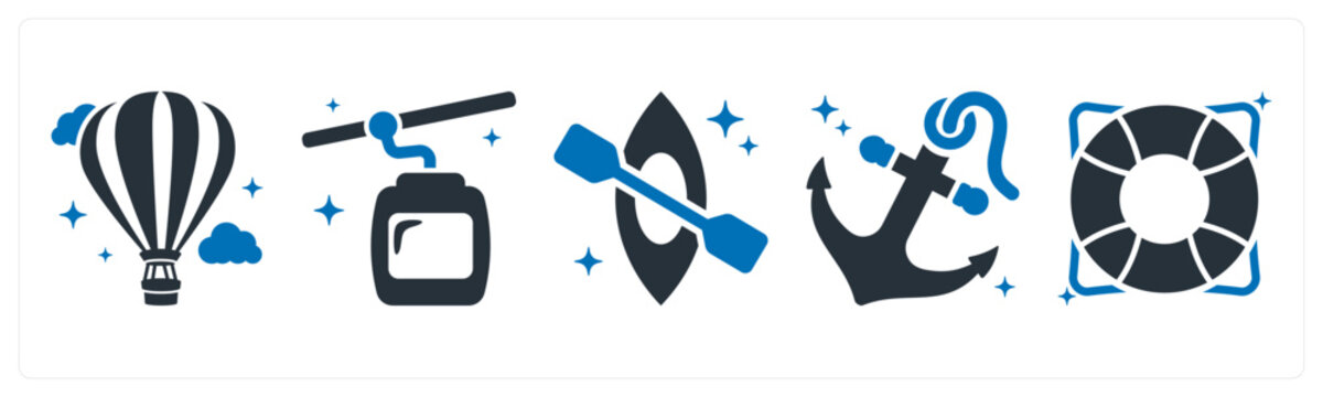 A set of 5 icons as hot air balloon, cable car, boat