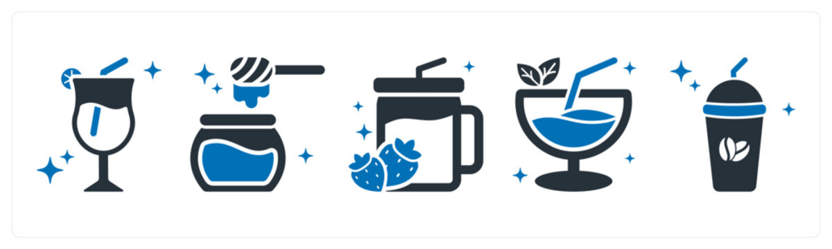 A set of 5 icons as mocktail, honey, smoothie