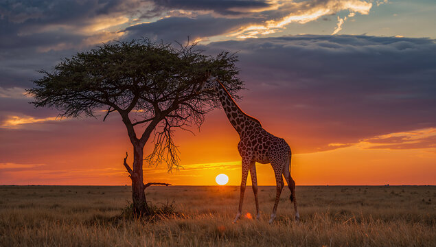 夕暮れのサバンナでキリンがアカシアの葉を食べる風景写真