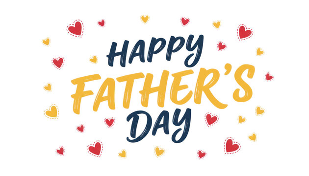Happy Father's Day greeting typography, festive holiday celebration lettering with red and yellow hearts, seasonal fatherhood appreciation graphic isolated PNG with Transparent Background
