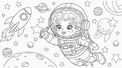 Little Astronaut Child Floating in Space with Rocket and Planets Coloring Page © marjan