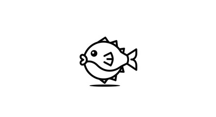 Cute pufferfish cartoon icon, simple line art, funny fish character, white background © anis