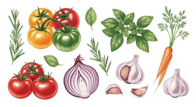 
Fresh Watercolor Vegetable and Herb Illustration Set with Tomato Onion Garlic Carrot Basil and Rosemary for Food Designs
Fresh Watercolor Vegetable and Herb Illustration Set with Tomato 