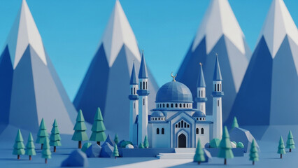 Fototapeta premium Low Poly 3D Render of a Blue Mosque in a Winter Mountain Landscape with Snow-Capped Peaks and Pine Trees, Peaceful Islamic Architecture Illustration, AI Generated
